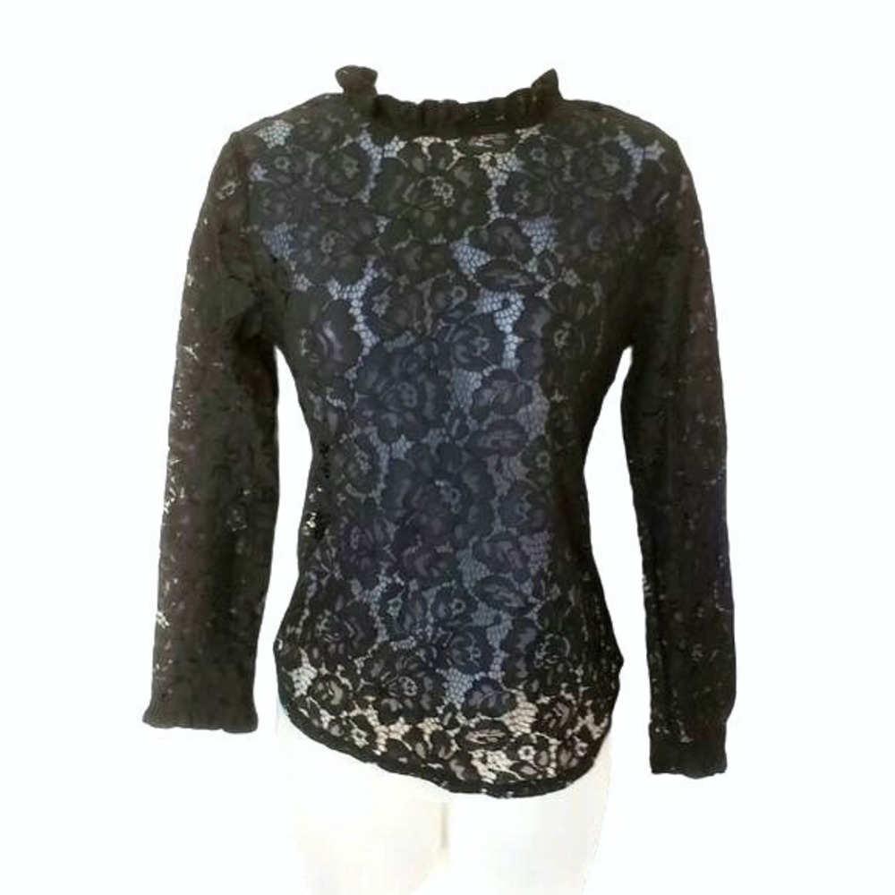 Adele Berto Women Gothic Romantic Lace Top M Black Ruffle Mock Neck Steampunk